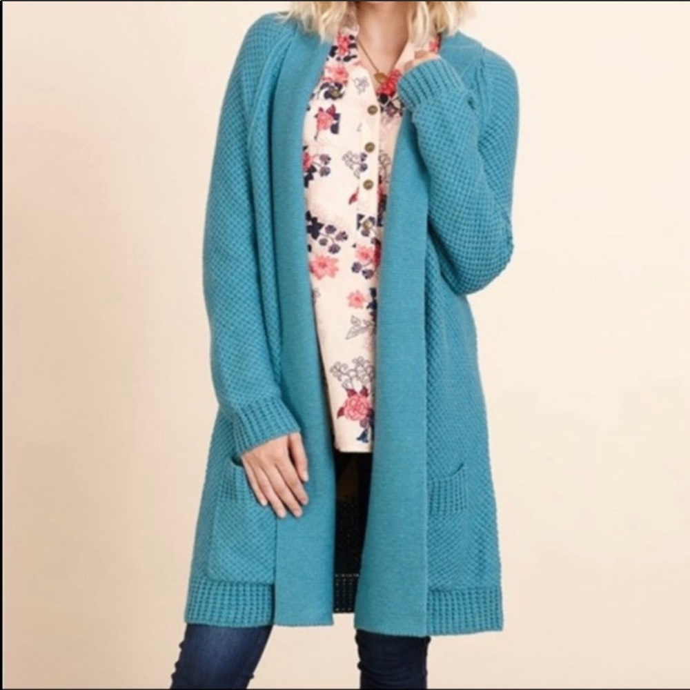 Matilda Jane teal chunky open cardigan sweater L